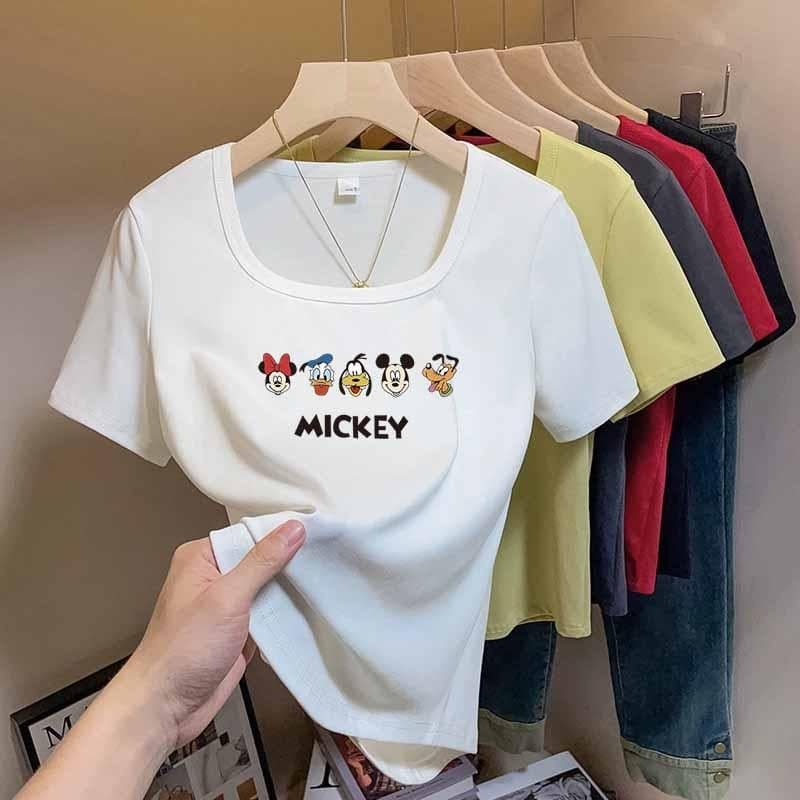 S-3XL Camiseta Feminina Branca Com Gola Quadrada Casual Cor Sólida Básica Verão Manga Curta Estampa De Desenho Animado T