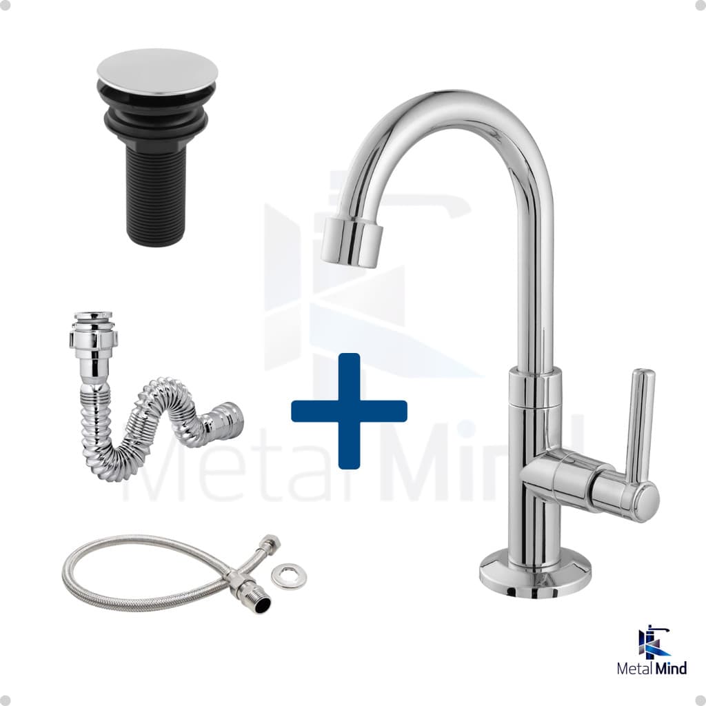 Kit Banheiro em ABS Cromado -Torneira Bica Baixa, Válvula Click, Engate Flexível e Sifão Cromado