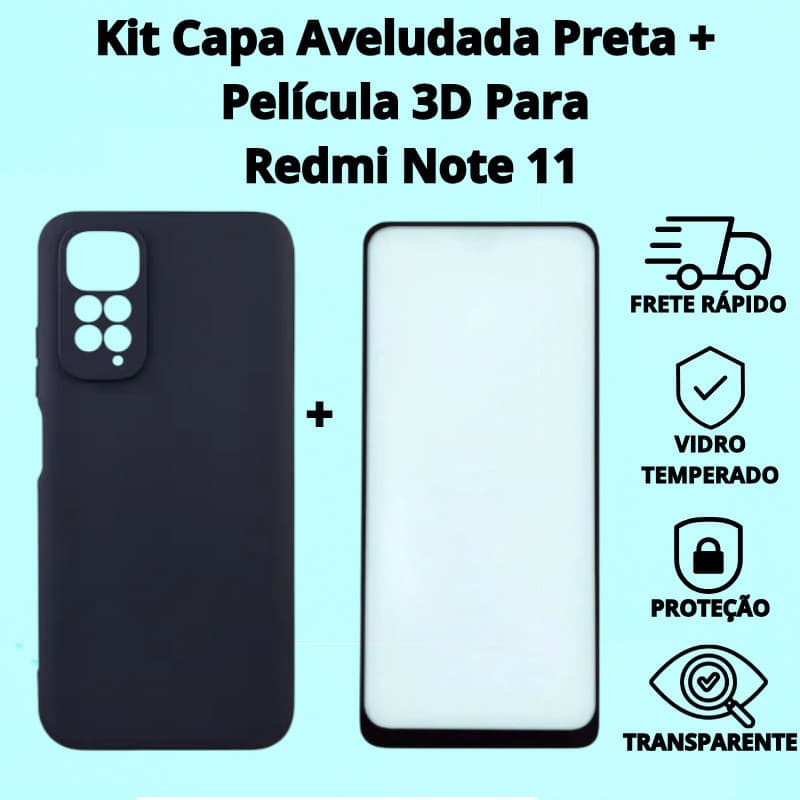Kit Capa Aveludada Preta +  Película 3D ou somente capa ou somente pelicula Para Redmi Note 11