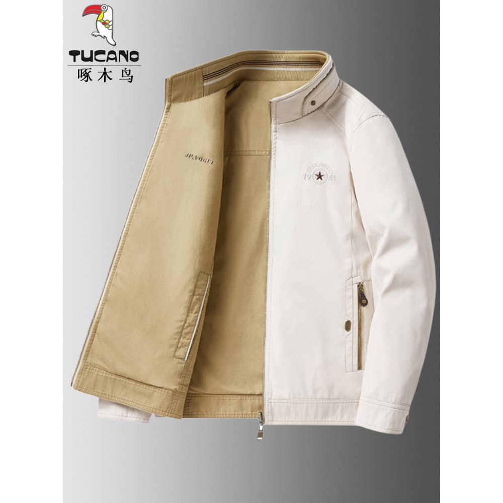 Woodpecker jaqueta dupla face masculina 2026 primavera outono nova jaqueta de meia-idade pai usar Casual solto gola