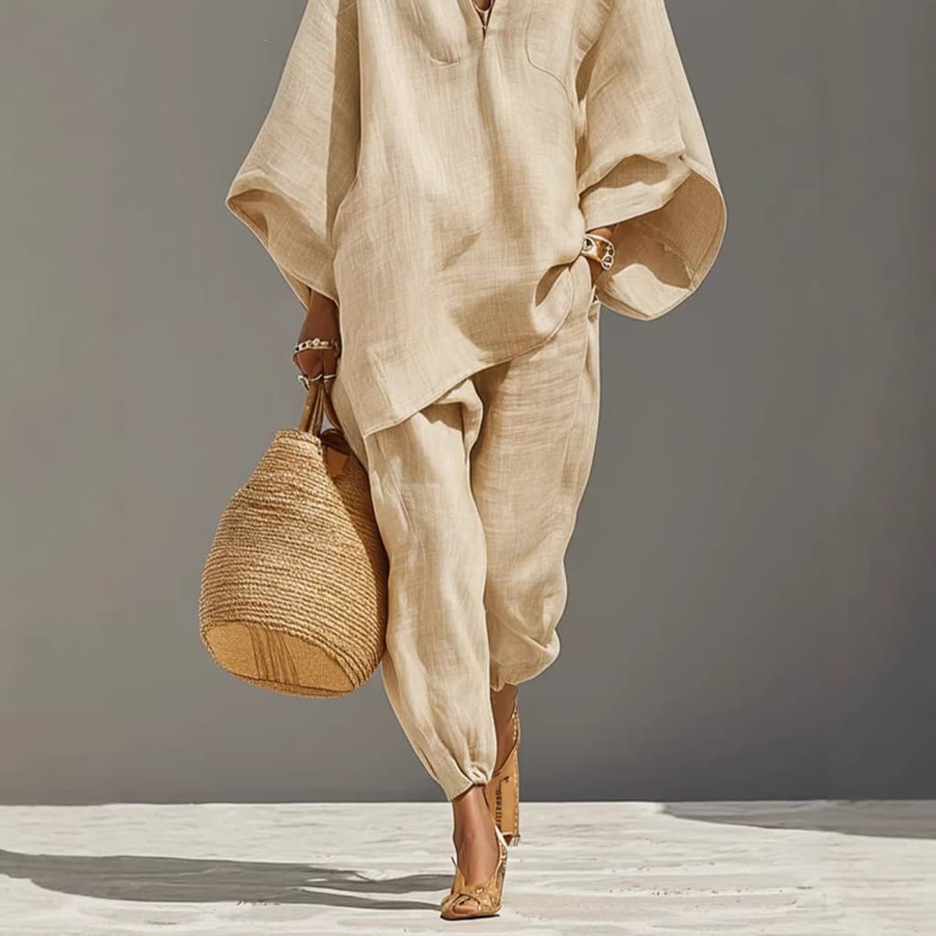 2026 primavera verão moda feminina estilo Casual Design manga morcego com decote em V preguiçoso terno solto