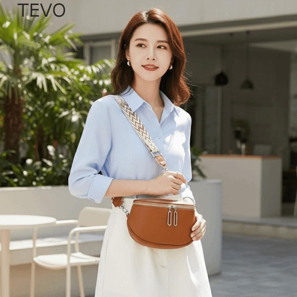Bolsa Crossbody TEVO , De Textura De Couro , Zíper Duplo , Alça Jacquard , Ombro Largo , Pacote De Peito