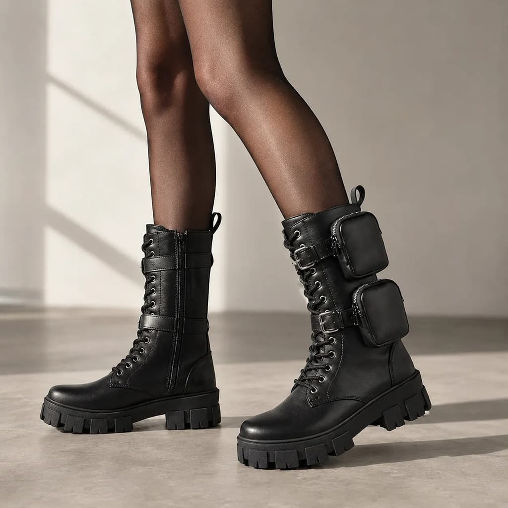 Bota Coturno Feminina Cano Médio Bolsos Tratorada Preta