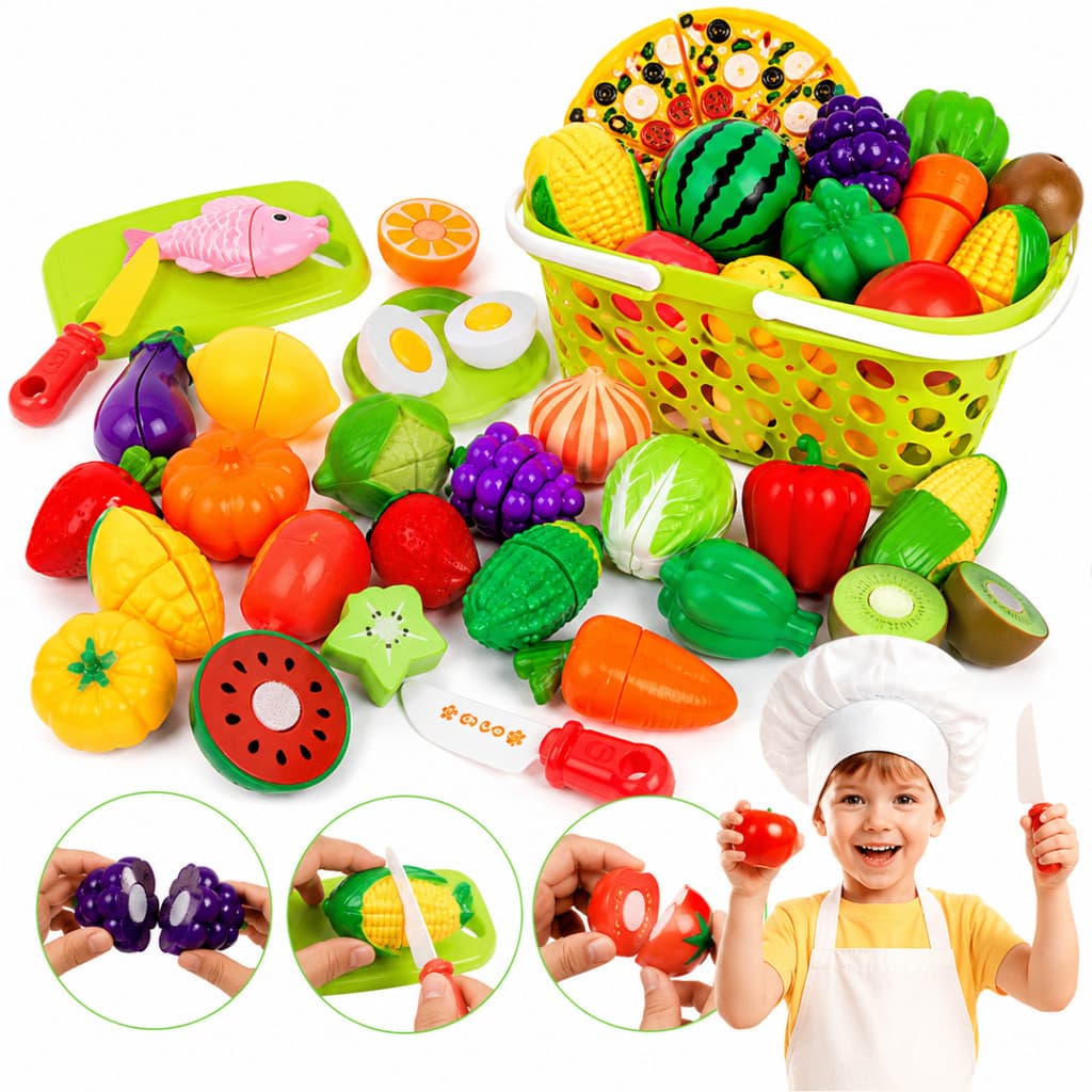 Kit Frutas de Brinquedo Crec Crec Velcro Legumes Comidinhas Cozinha Interativo Autista