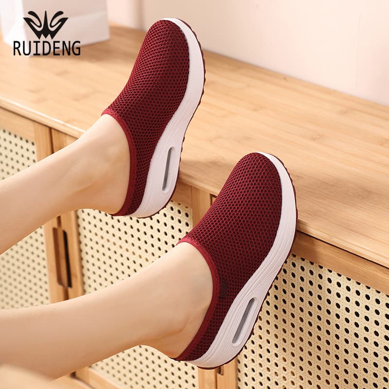 Ruideng malha respirável chinelos femininos exterior usar sapatos casuais esportivos de sola grossa sapatos mãe sapatos