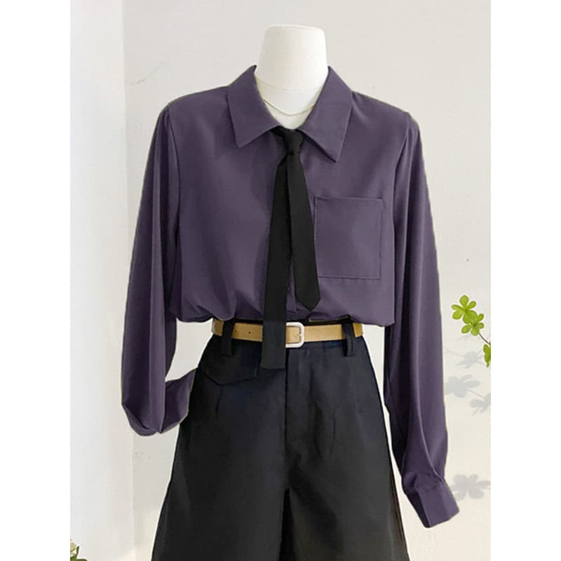 Camisa roxa feminina High-End primavera outono pequeno temperamento profissional Commuter lapela camisa solta topo franc
