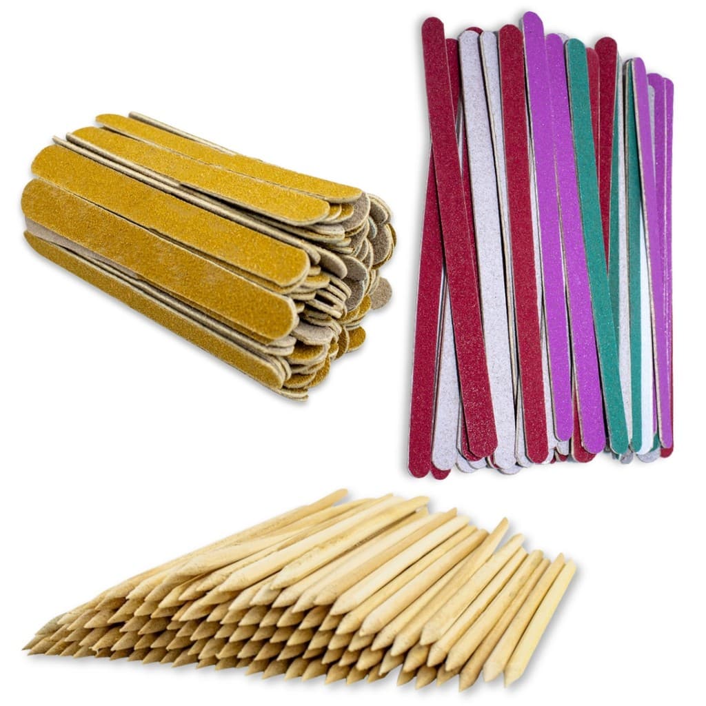 Kit Manicure 100 Lixa 16cm + 100 Palito Bambu+ 100 Mini Lixa Lixas Palitos Ponta Chanfrado Manicure