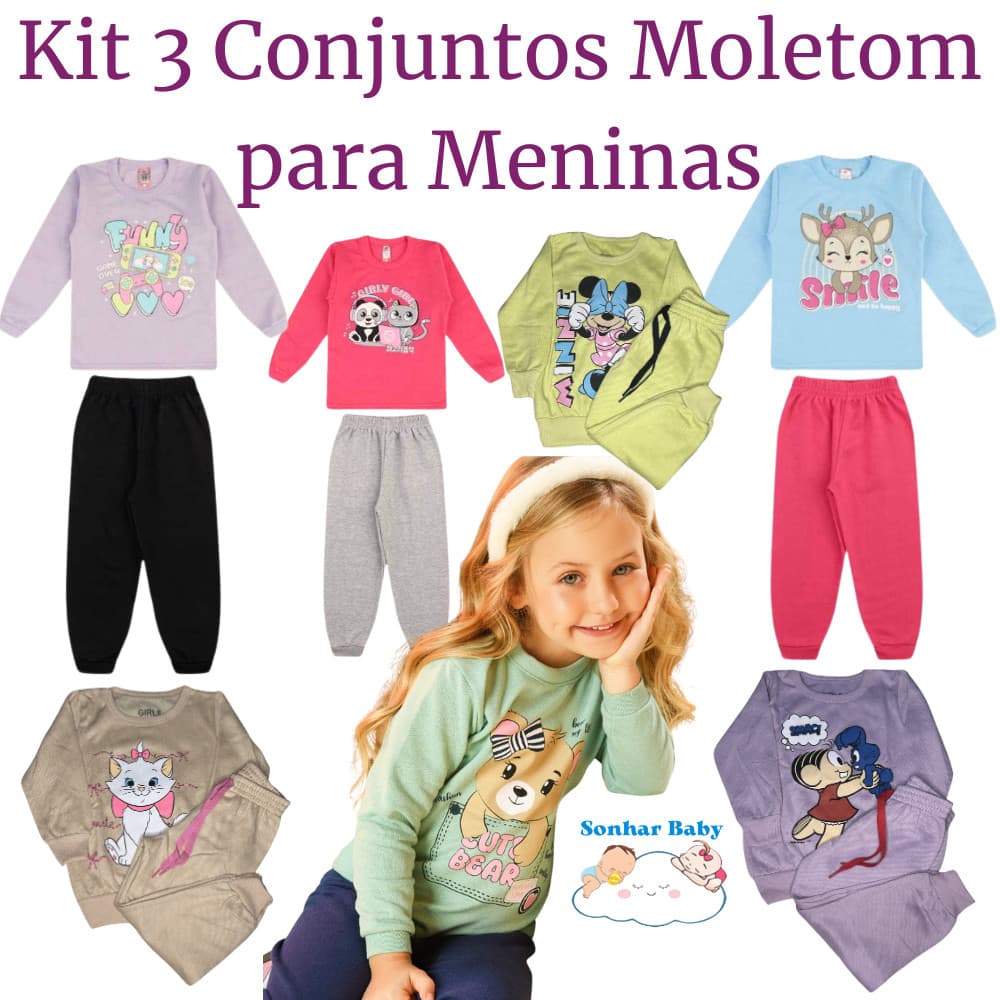 Kit 3 Conjuntos Moletom Infantil Menina Sortido 6 Peças de Roupas de Inverno Feminina – 3 casacos + 3 calças do 1 ao 8