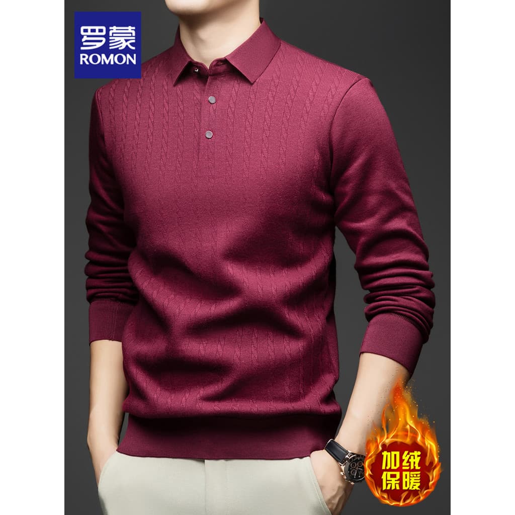 Lomon camiseta de manga comprida masculina inverno novo estilo negócios lapela Bottoming topo velo engrossado Casual cam