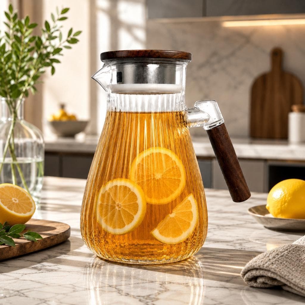Jarra Luna Canelada Transparente 1,8L Vidro Boro Premium Tampa Cabo Madeira Nórdica Mesa Posta Suco