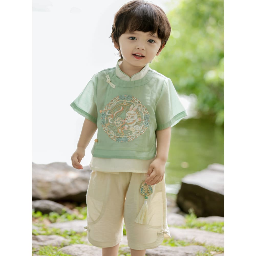 Hanfu meninos 2026 novo estilo verão crianças traje antigo calças terno menino bebê um ano de idade vestido menino Mid-A
