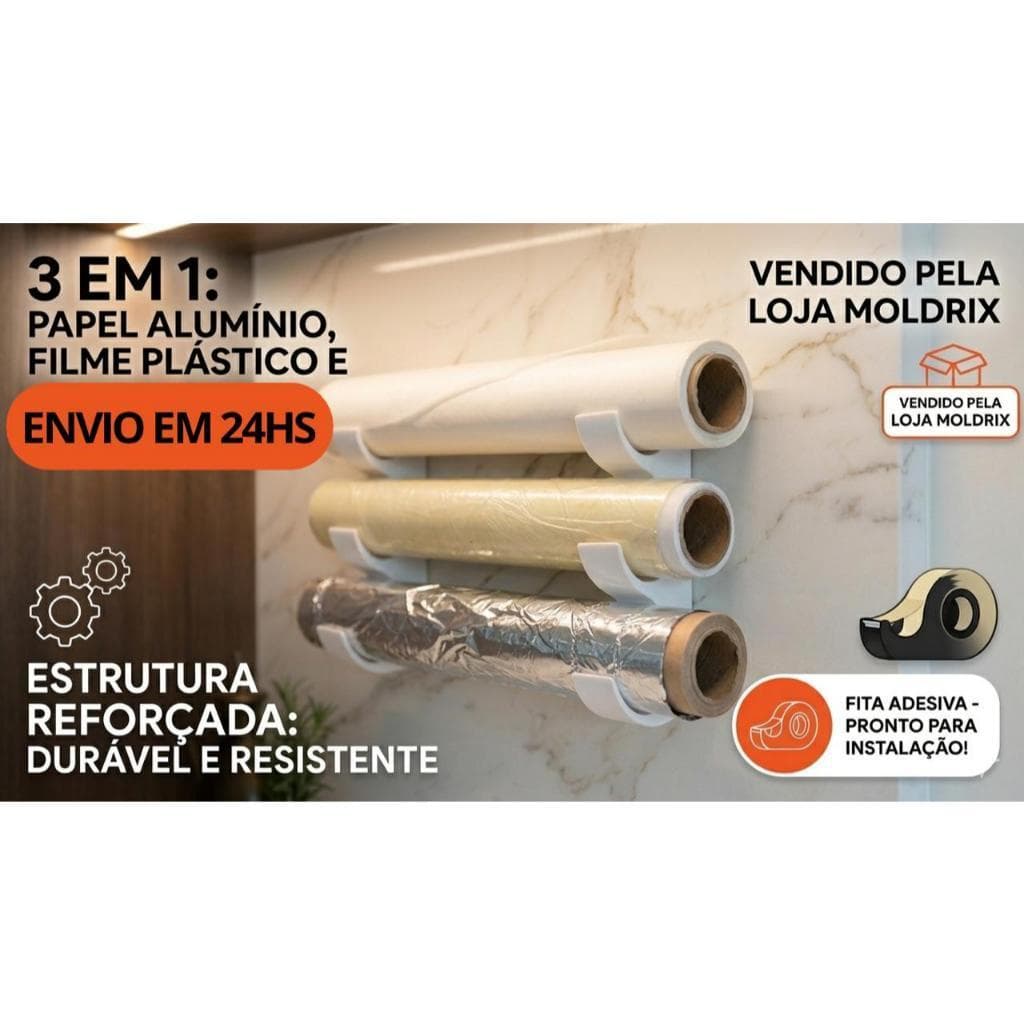 Suporte Organizador Porta Rolos 3 Níveis Ajustável Universal Colado com Fita Dupla Face ou Parafusos papel toalha filme