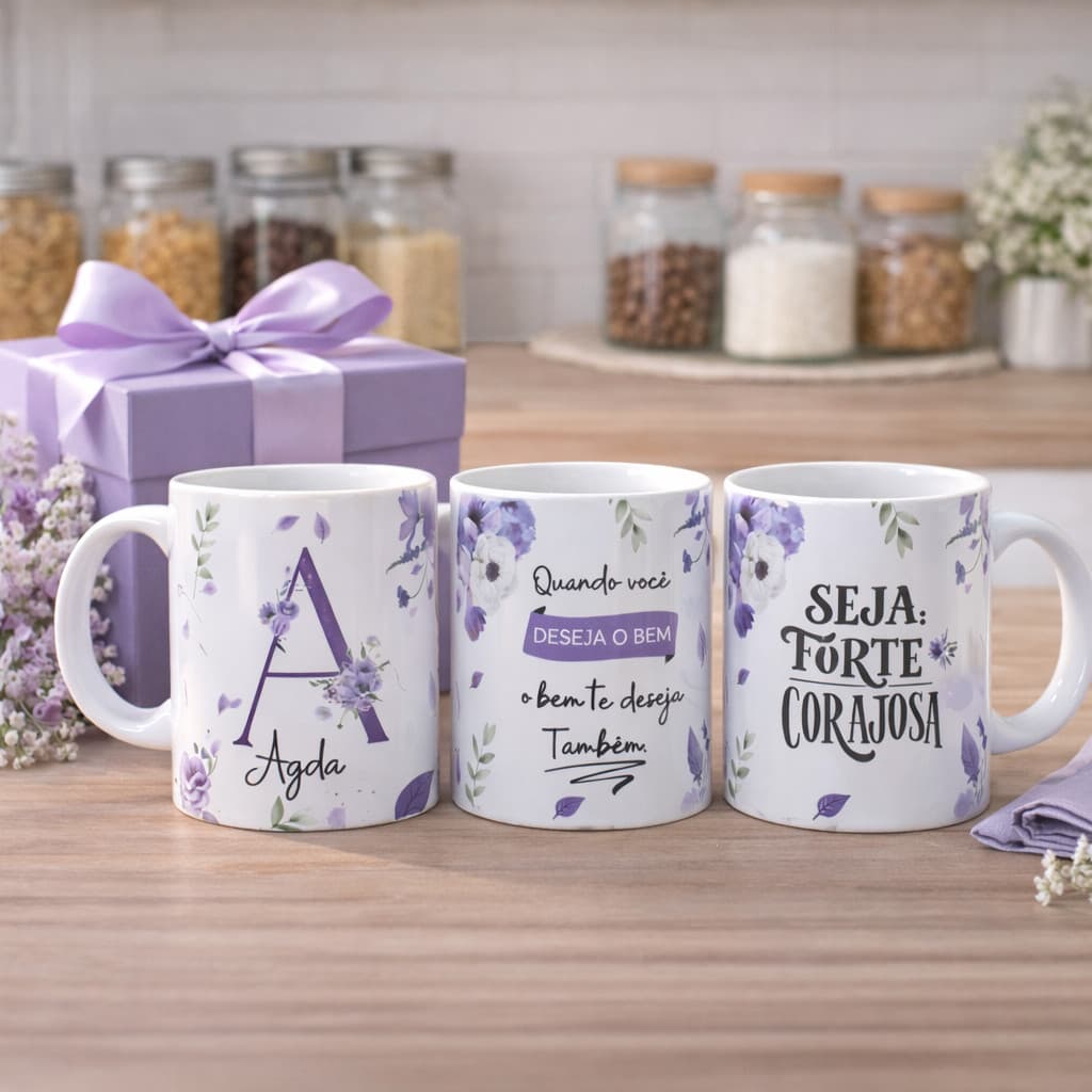 Caneca Roxa Personalizada com Nome e Frase Inicial Floral  Presente Dia das Mães ou Amiga
