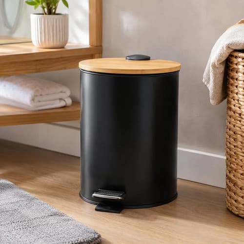 Lixeira Com Pedal E Tampa De Bambu 5 Litros - Preta Preto Fosco