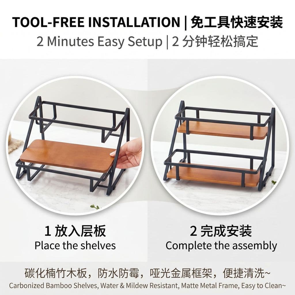 Dupla camada Trapezoidal de madeira bambu bancada cozinha condimento rack condimento rack cosméticos copo mesa rack 9LNB
