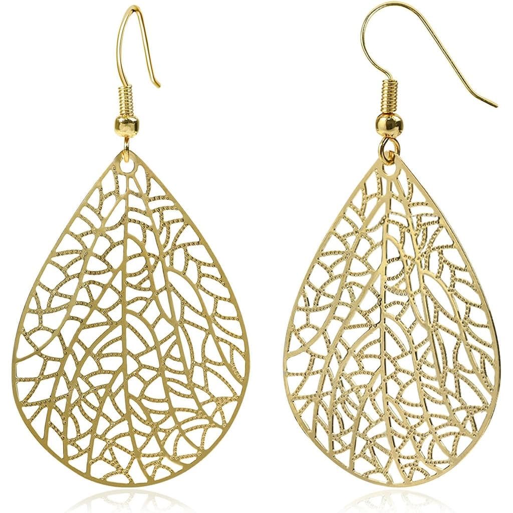 Brincos Pendentes em Prata Banhada a Ouro 14K, Formato Gota com Filigrana, Leves, em Forma de Folha, para Presente de Na