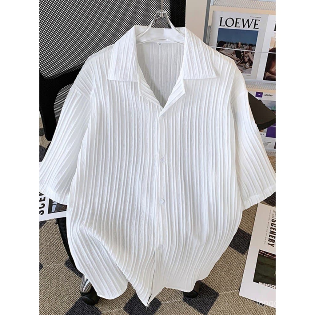 Gola cubana camisa de seda gelo masculina na moda luz estilo maduro camisa de manga curta solta verão High-End drapeado