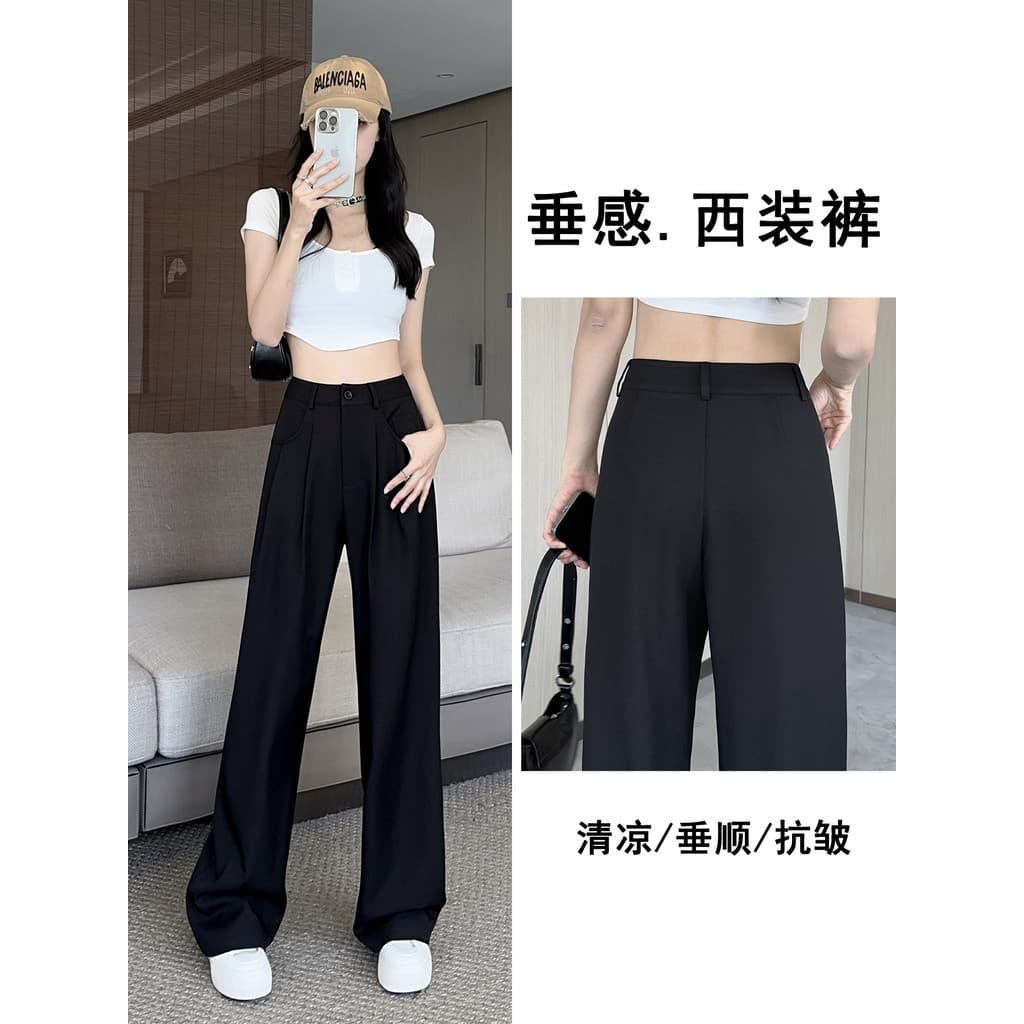 Vfvk terno calças Drape High-End sentimento 2026 novas calças pretas casuais femininas retas pequenas calças de perna la