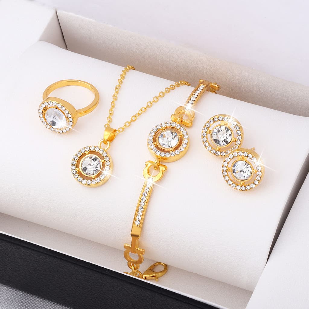 Conjunto de Joias Femininas: Luxo Leve e Versátil com Detalhes em Diamante, Incluindo Pulseira, Colar, Brincos, Anel e R