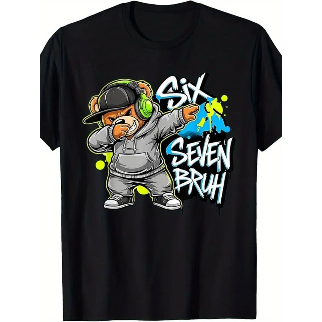 Camiseta 67 Funny Brothers Slang Geração Z Urso Design Cartoon Piada Confortável Divertida Estilosa Verão