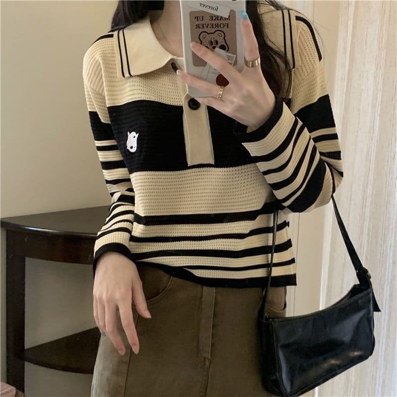 Retro gola polo listrado camisola feminina novo estilo outono Design nicho solto mais magro olhar de manga comprida topo