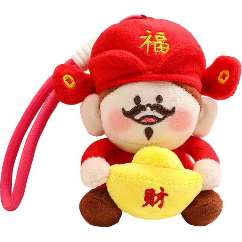 Desenhos animados cinco vias deus da riqueza pingente Fu Lu Shou brinquedo de pelúcia saco chaveiro boneca ano novo masc