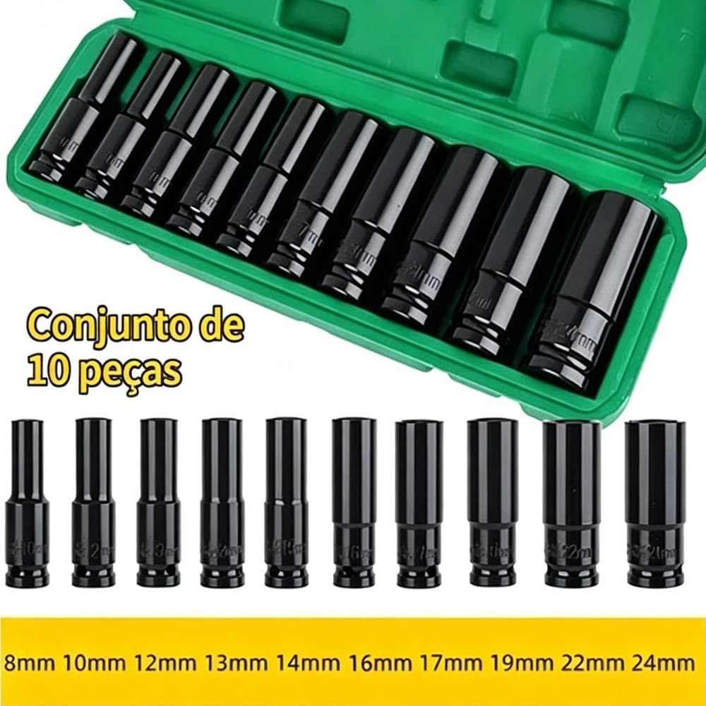 Jogo de Soquetes de Impacto Longo 1/2 10 Peças 8 A 24mm