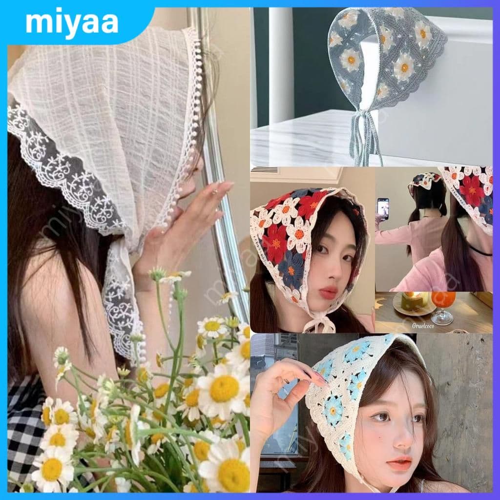 Lenço de verão, faixa de cabelo, estilo delicado, tecido floral, crochê, modelo triangular, miyaa.br