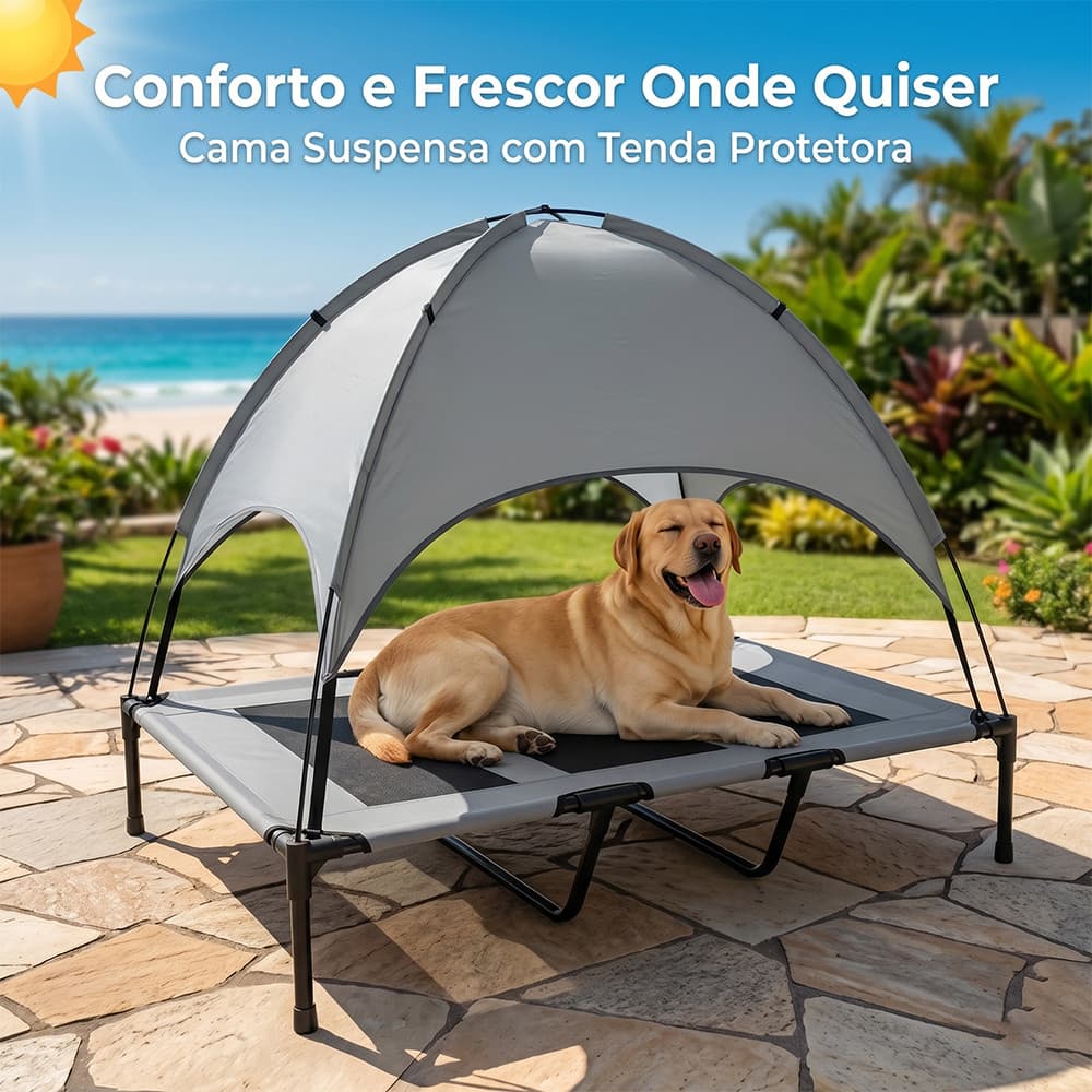Cama Pet Elevada Com Tenda Para Cachorro Gato Multiuso Resistente Barraca Portátil Proteção UV Respirável 50kg