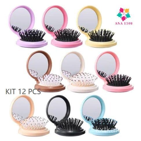 ANA1108 KIT 12 Pcs Mini Escova de Cabelo Dobrável Com Espelho-Portátil e Perfeita Para Bolsa