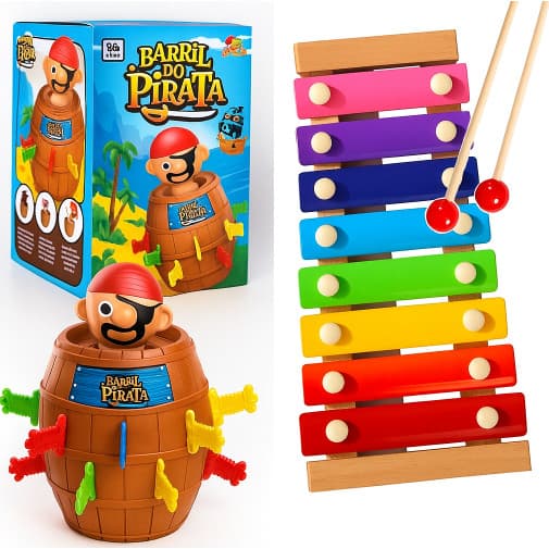 Kit Com 2 Xilofone Infantil Brinquedo + Jogo Pula Pirata Barril Pirata