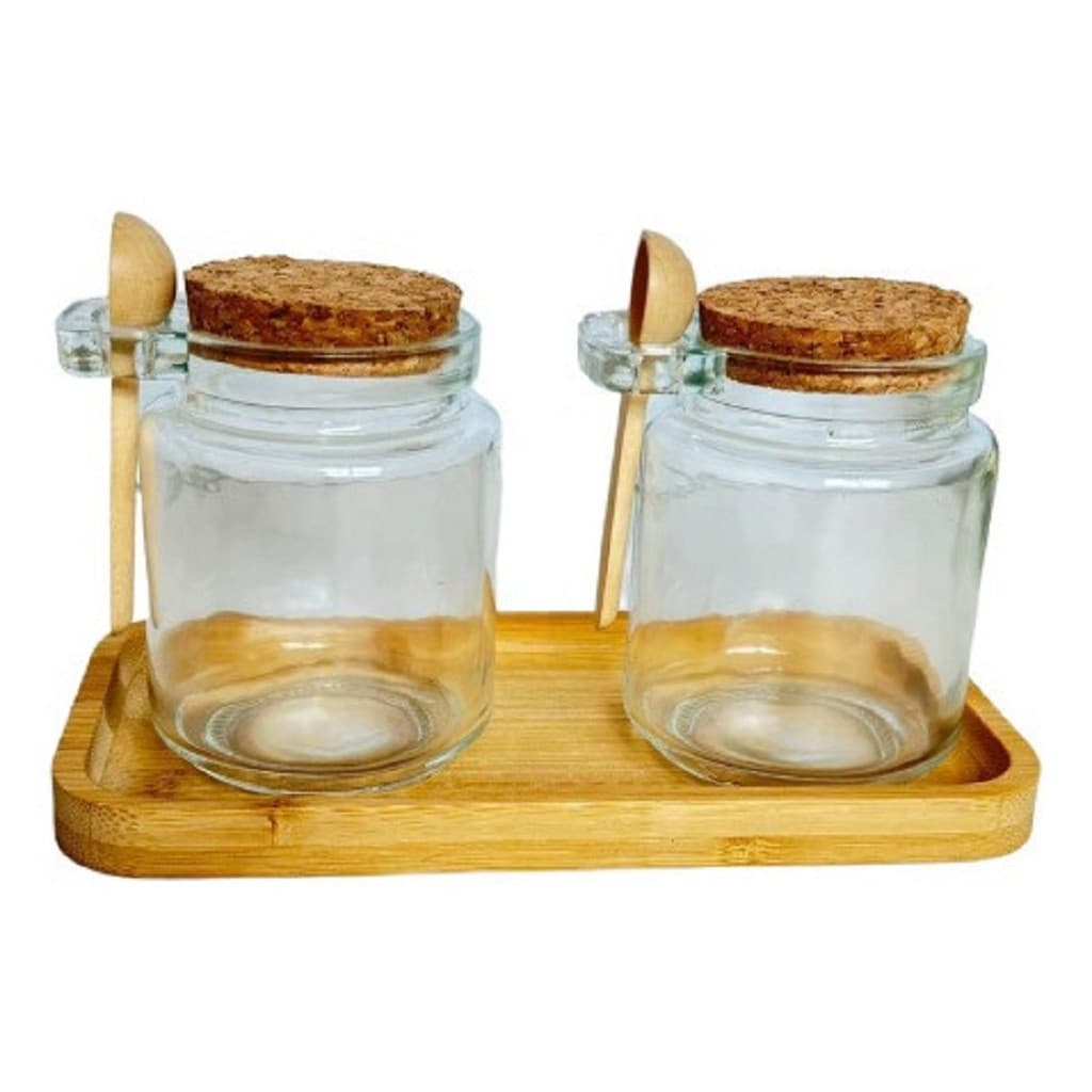 Bandeja Retangular Bambu + 2 Potes De Vidro Colher De Bambu