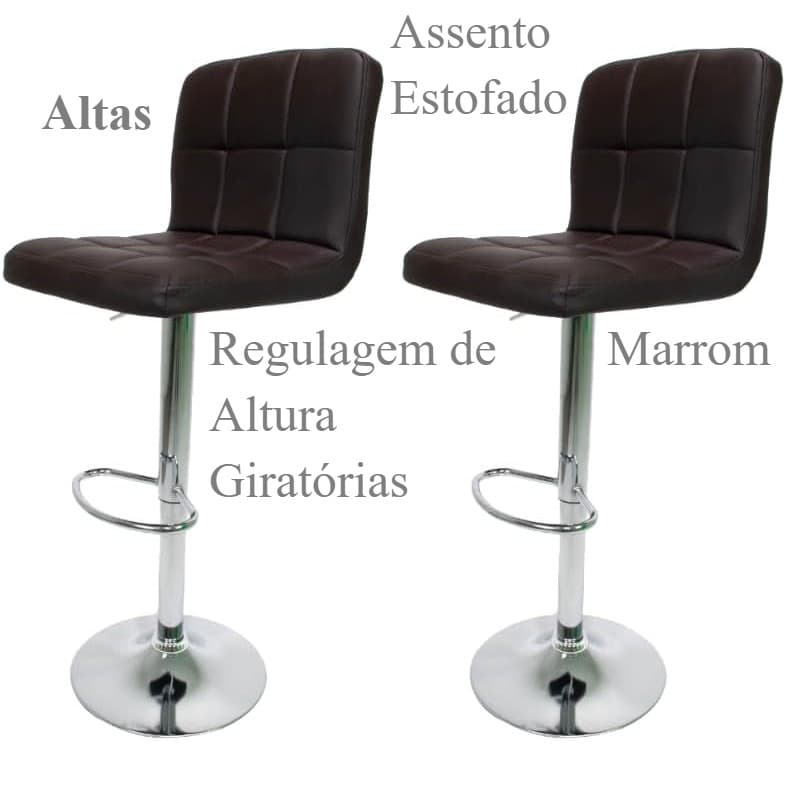 Conjunto 2 Banquetas Altas Com Assento Estofado Regulagem de Altura Giratórias Cor Marrom