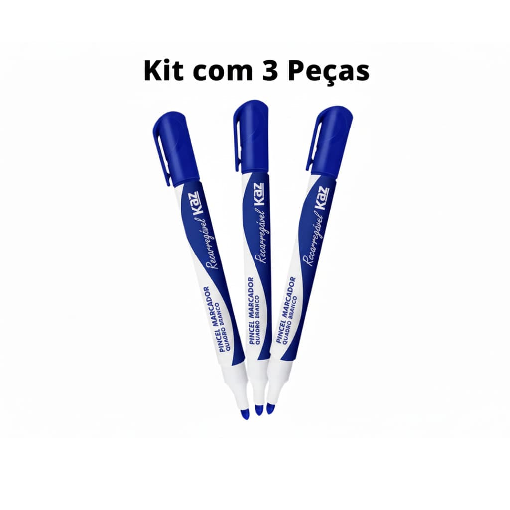 Kit 3 Pincel Marcadores de Quadro Branco Recarregável Azul