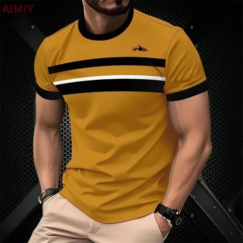 Camiseta Estampada Listrada Masculina Verão Ao Ar Livre Casual Em Torno Do Pescoço Manga Curta Camisetas Novo Na Moda Ro