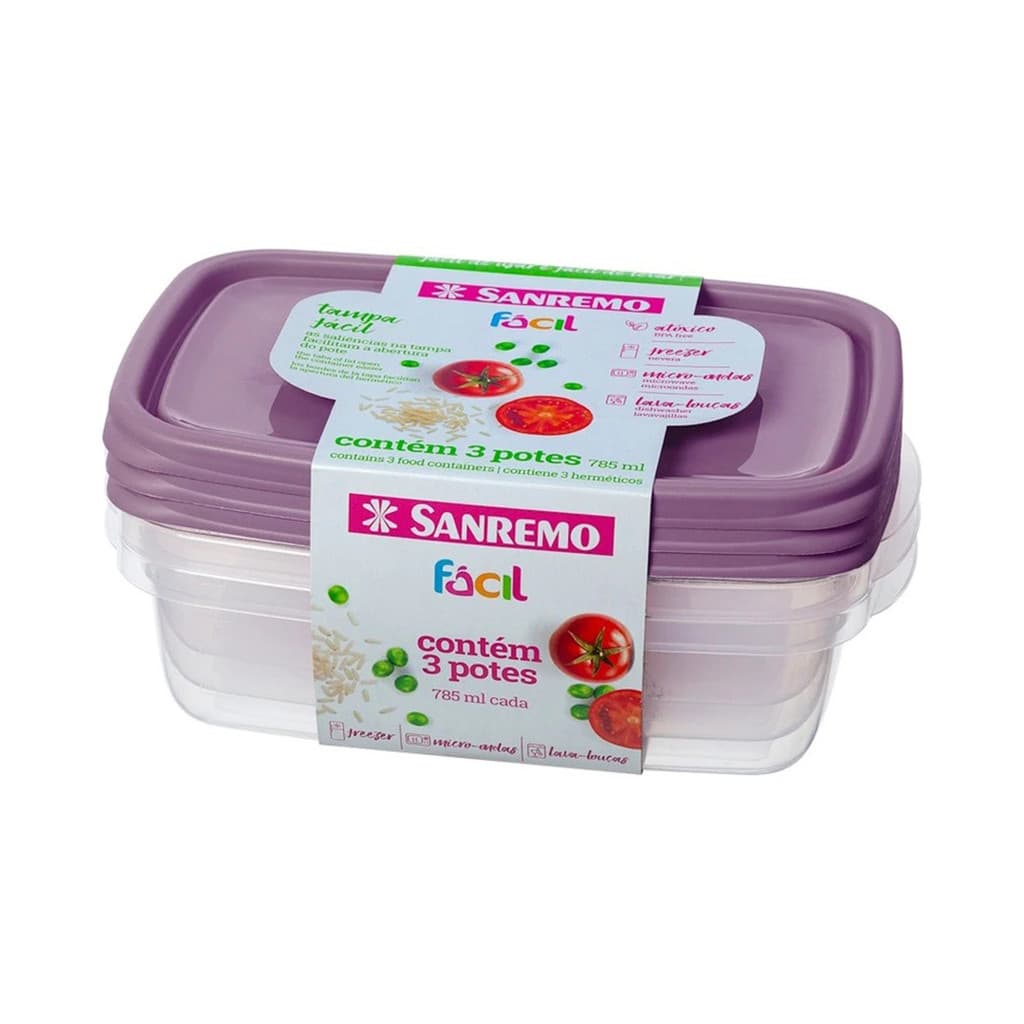 Kit 3 Vasilhas tapoer Sanremo pote com 785ml de capacidade