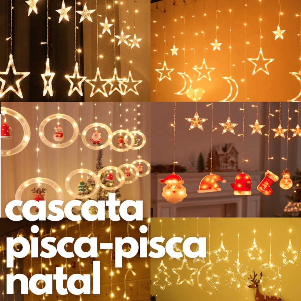 Decoração Cascata Natal 3M Com Pisca Pisca Led Estrela Lua Papai Noel Neve Luz Branco Quente Sacada BIVOLT