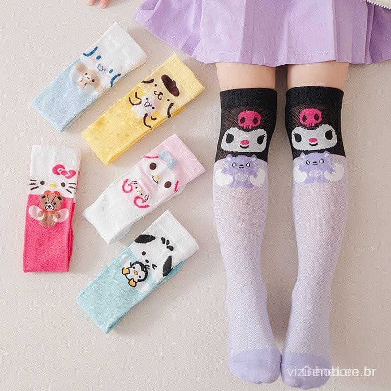Meias Longas Femininas Sanrio Estampa de Anime Japonês e Malha Respirável para um Verão Doce e Fofo