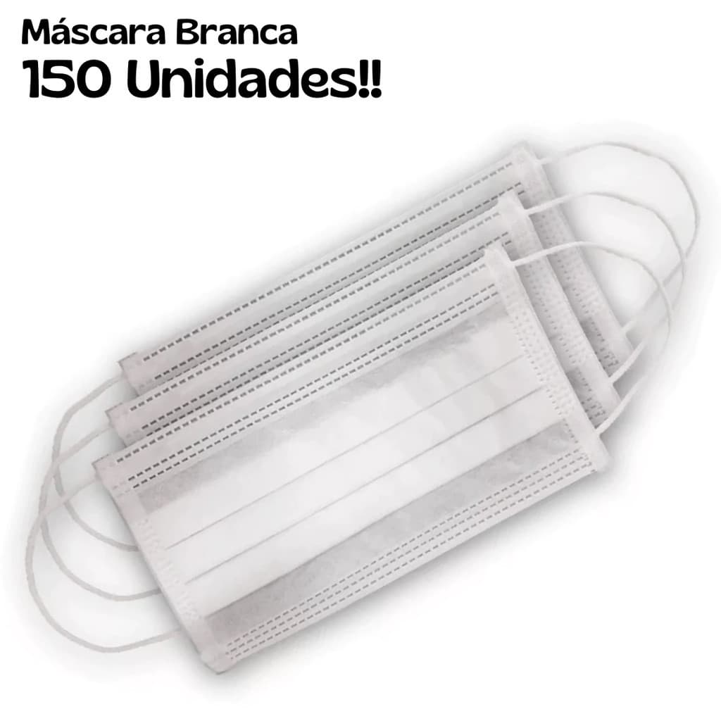 Kit 150 Máscaras Descartavel Branca Adulto Tripla Camada 150 Unidades Com Clip Nasal