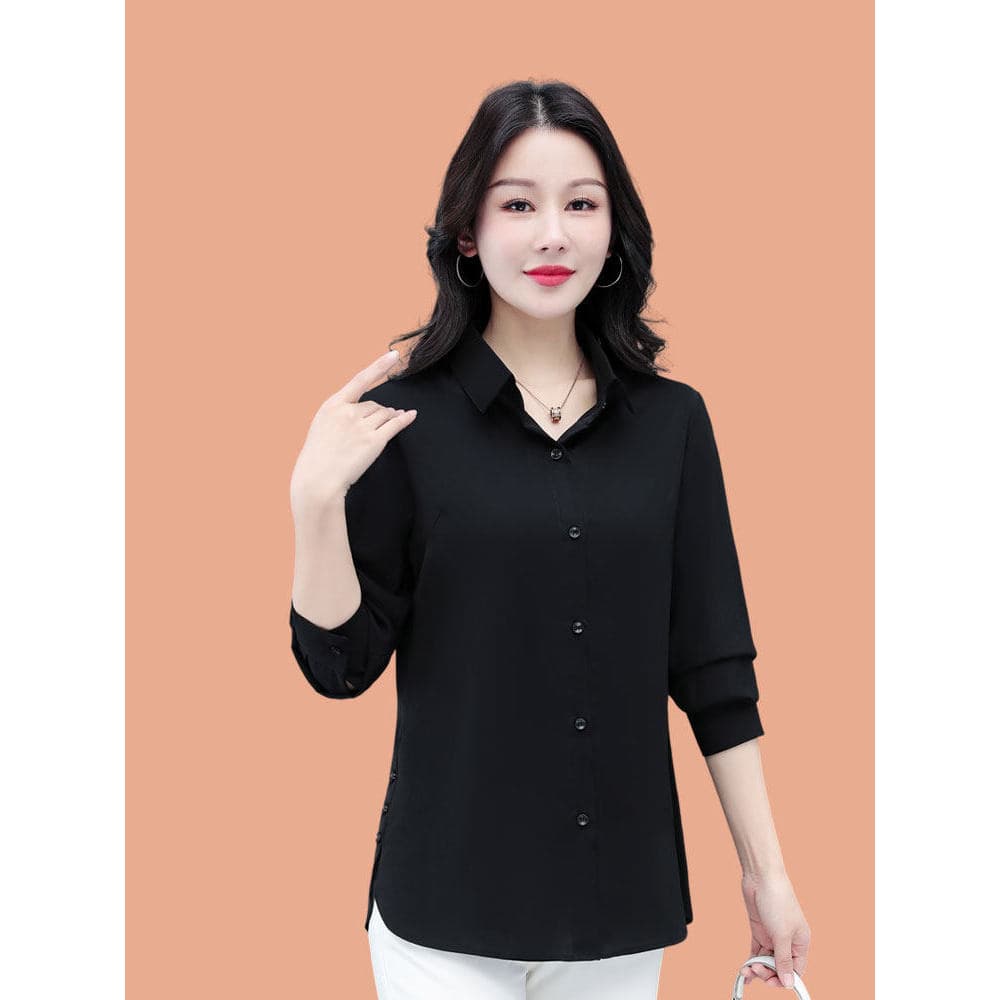 Woodpecker marca Chiffon camisa feminina primavera outono meia-idade mãe idosa tamanho grande preto camisa de fundo mang