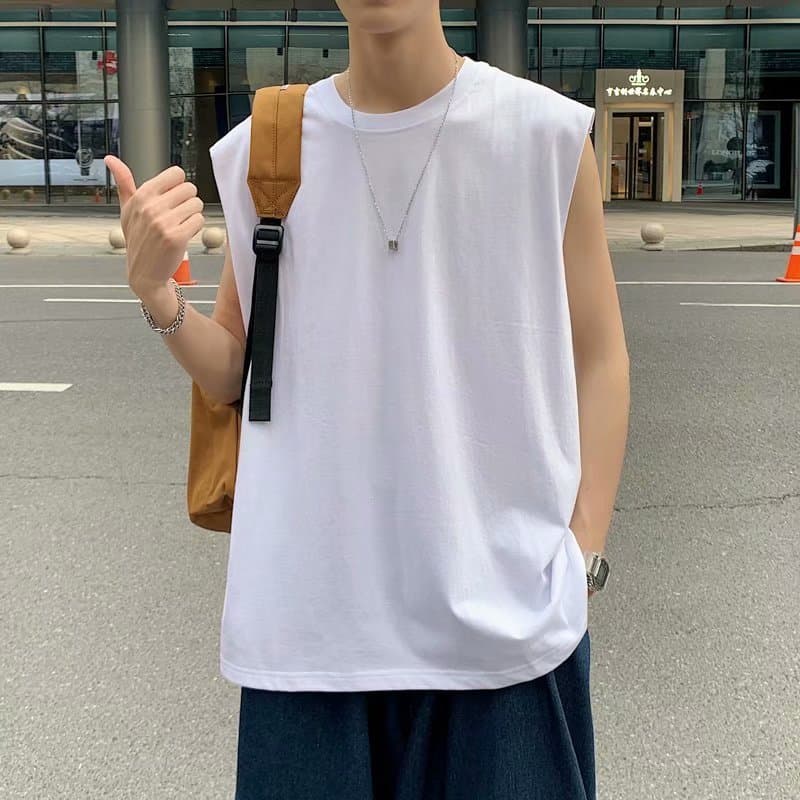 Ins na moda colete de algodão puro masculino verão exterior Wear esportes sem mangas camiseta cor sólida colete solto Bo