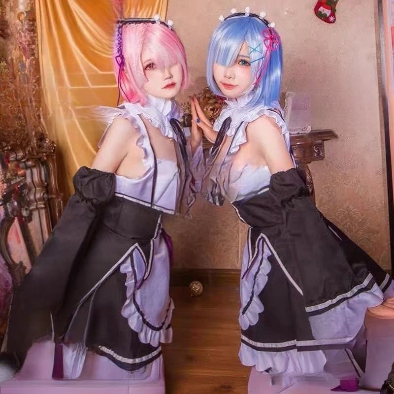 Fantasia de Cosplay Re:Zero Rem, Vestido de Empregada, Tamanho Grande, Vestido de Anime Feminino, Avental e Colete KSYL