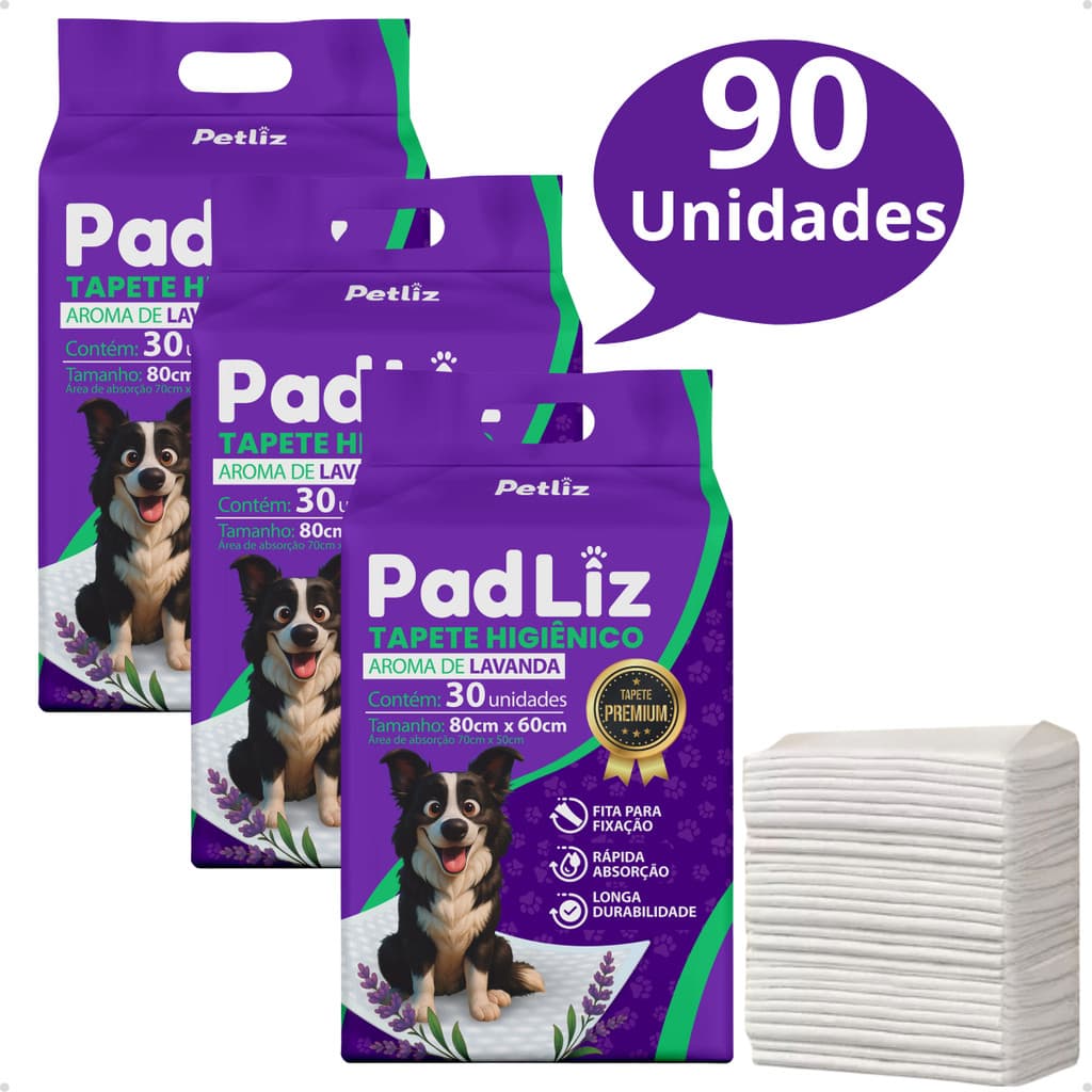 Kit 3 Tapete Higienico Lavanda para Cachorro Padliz 80 x 60cm - 90 Unidades - Petliz