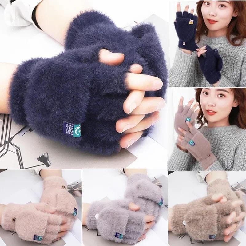 Luvas De Pelúcia Sem Dedos Feminino Inverno Mitten Macio Quente Estudante Flip Ao Ar Livre Escrever Engrossado Proteção