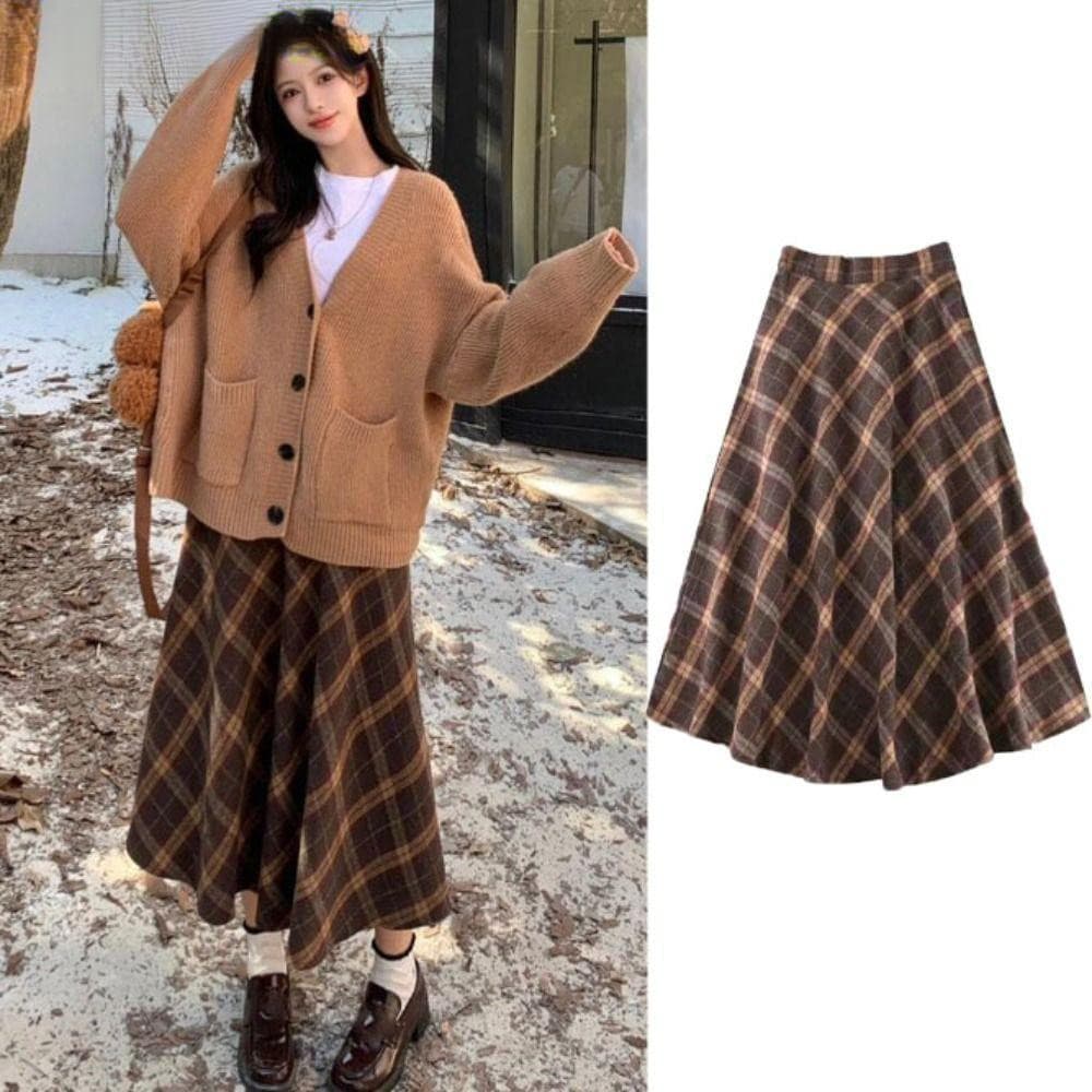 Saia xadrez vintage, clássica, de cintura alta, longa, em corte A, para outono e inverno.
