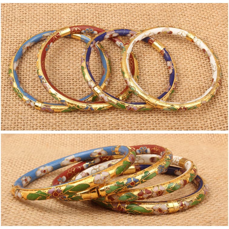 80s antigo inventário autêntico pneu de cobre filigrana esmalte Cloisonne bens antigos pulseira de solo dourado artesana