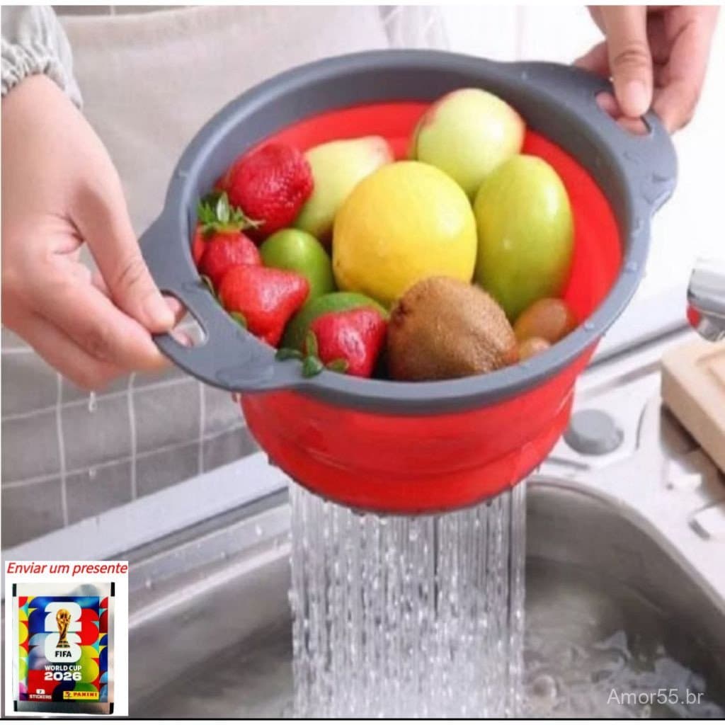 Redondo Escorredor de Macarrão Arroz Salada Frutas Alimentos Retrátil Silicone（Enviar adesivos da Copa do Mundo）