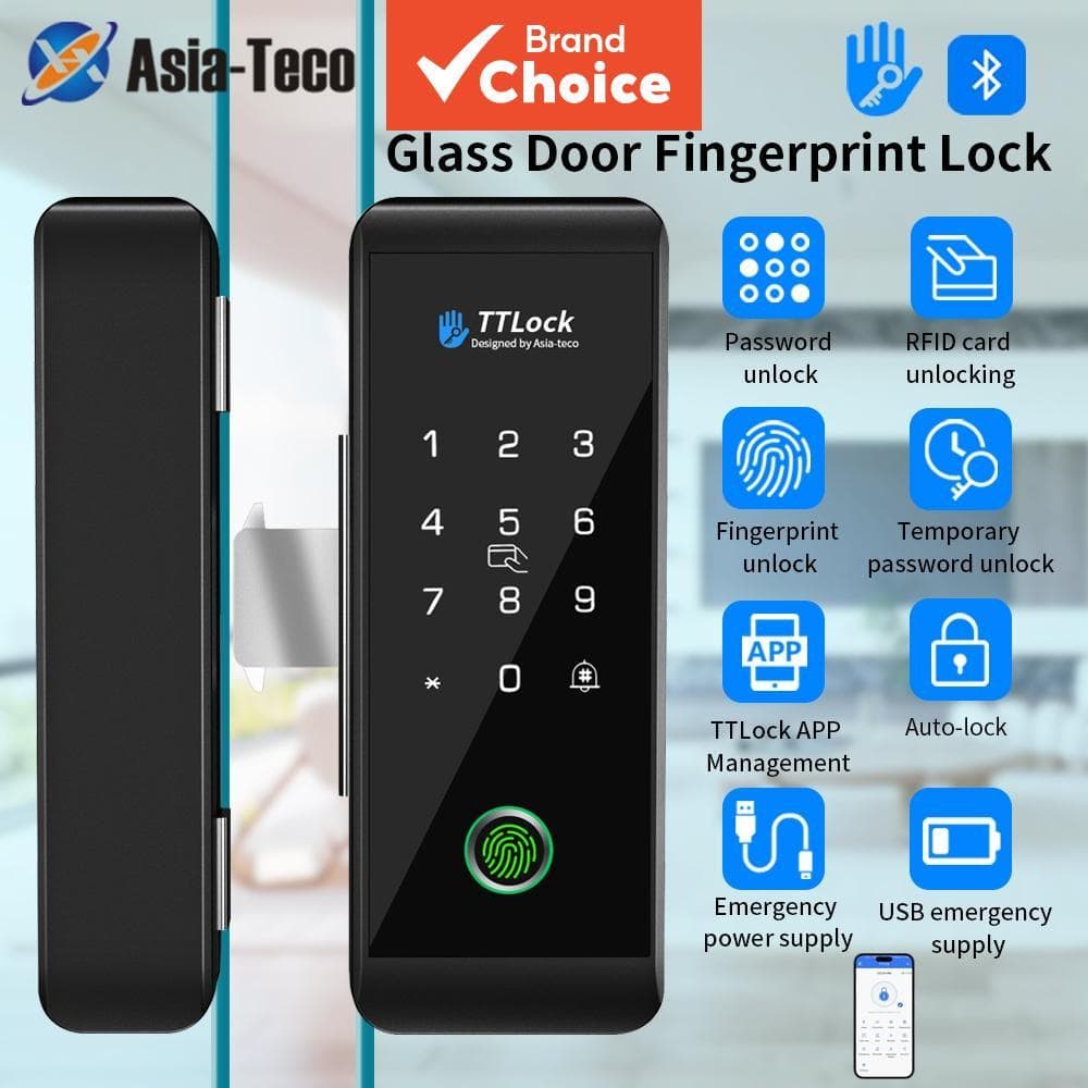 Fechadura Inteligente de Porta de Vidro 13.56Mhz com Controle por Aplicativo, Leitor de Impressão Digital e Teclado RFID