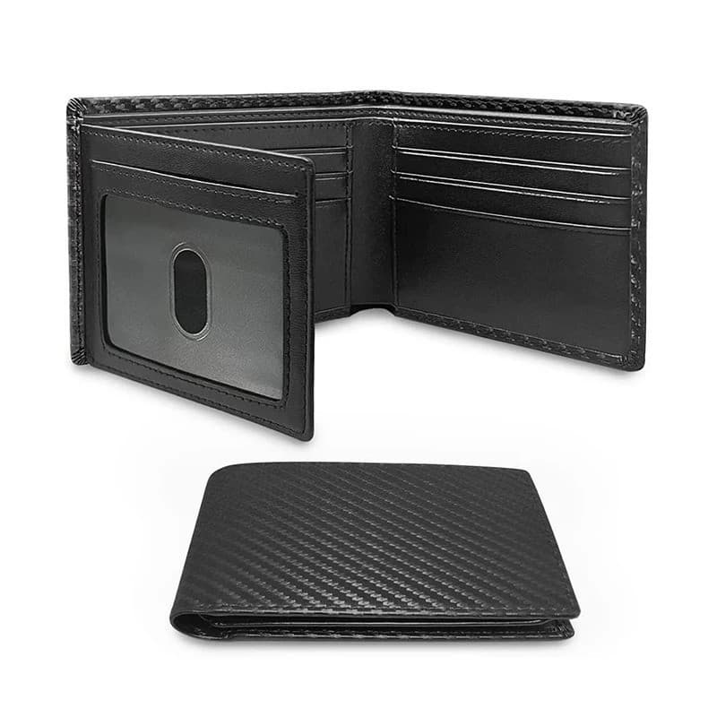Carteira Slim Minimalista Tri-Fold em Fibra de Carbono com Bloqueio RFID para Homens, com Janela para Identificação e 9