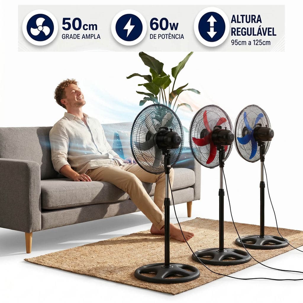 Ventilador Circulador De Ar Chão Pé Coluna Ajustável 50cm 3 Velocidades 60 Watts